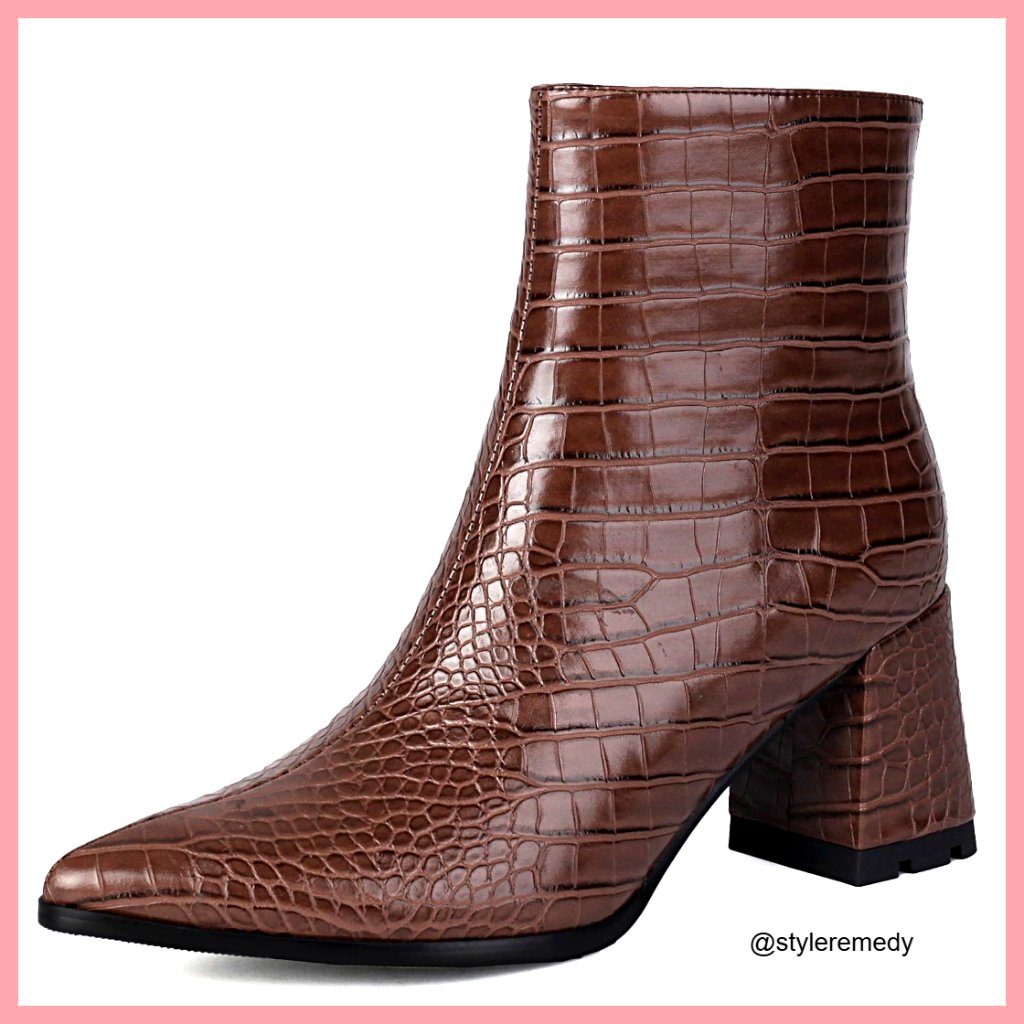 Pointed Toe Ankle Boots With Chunky Block Heel, Faux Leather